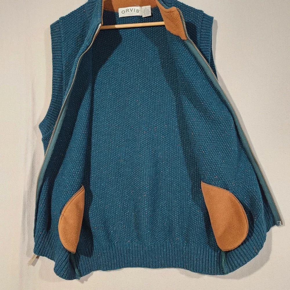 Orvis Mens Teal Donegal Wool Blend Full Zip Sweater Vest Waffle Knit Large Fall